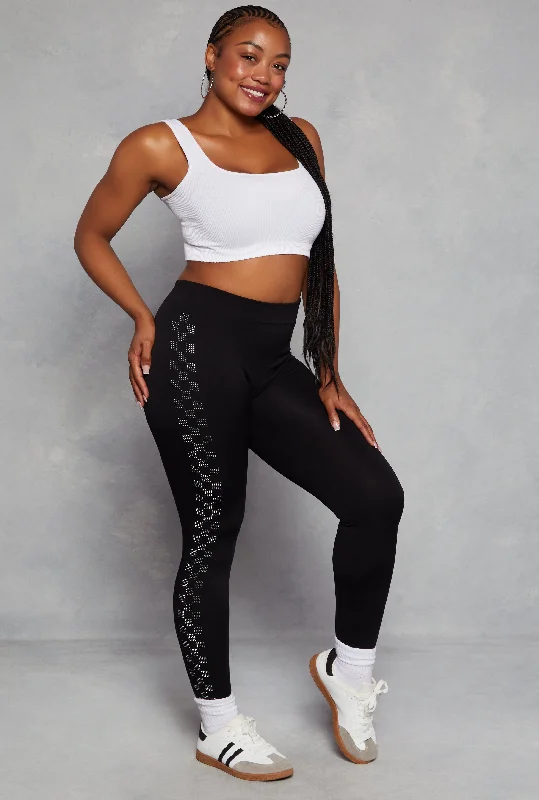 Plus Size Rhinestone Checkered Side Detail Leggings