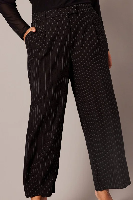 Black Stripe Wide Leg Pants High Rise