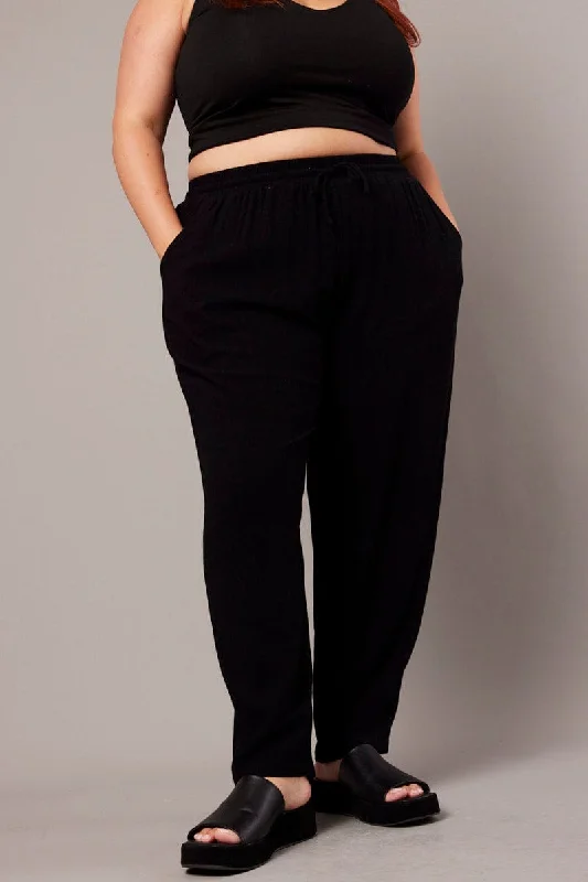 Black Tapered Pants Elasticated Waist Cropped