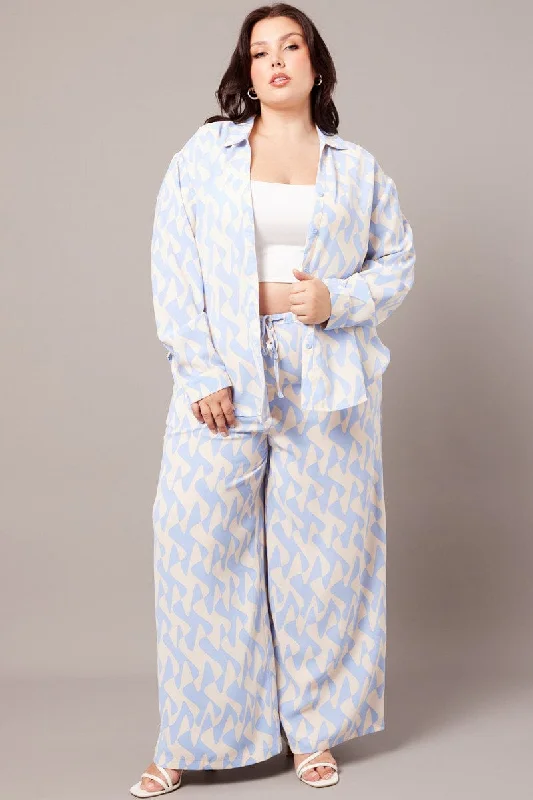 Blue Abstract Wide Leg Pants High Rise