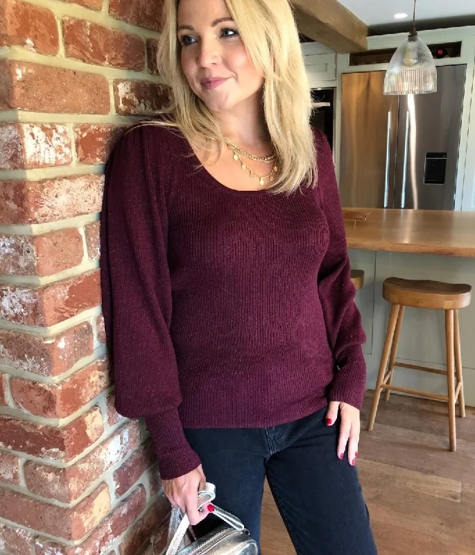 Burgundy Sparkle Metallic Scoop Neck Jumper