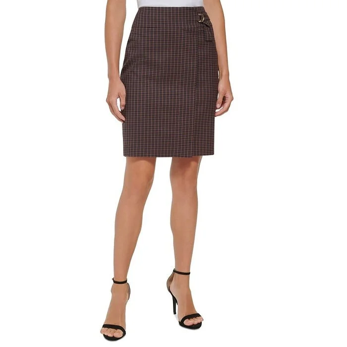 Dkny Women's Faux Wrap Check Pencil Skirt Brown Size 6