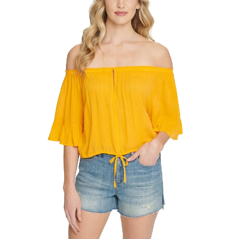 DKNY Women's Jeans Ruffled Off The Shoulder Top Yellow Size Small