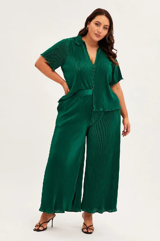 Green Plisse Pant Front Wide Leg