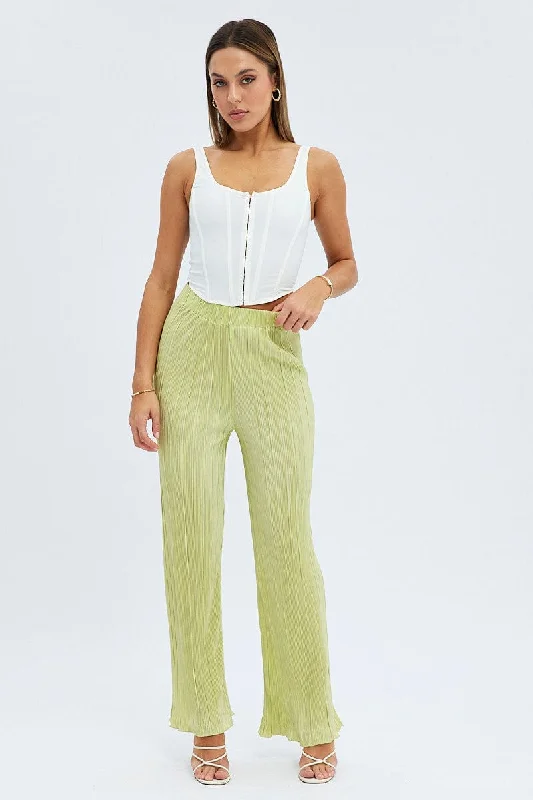 Green Plisse Pants Wide Leg High Rise