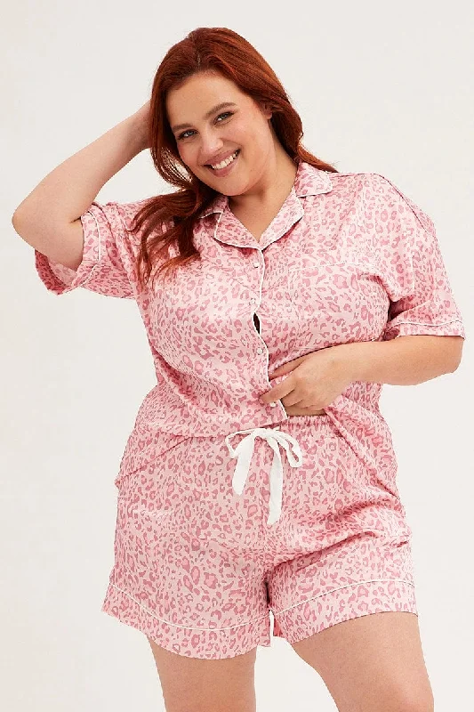 Pink Animal Print Pyjamas Set Short Sleeve Collared Shorts Satin