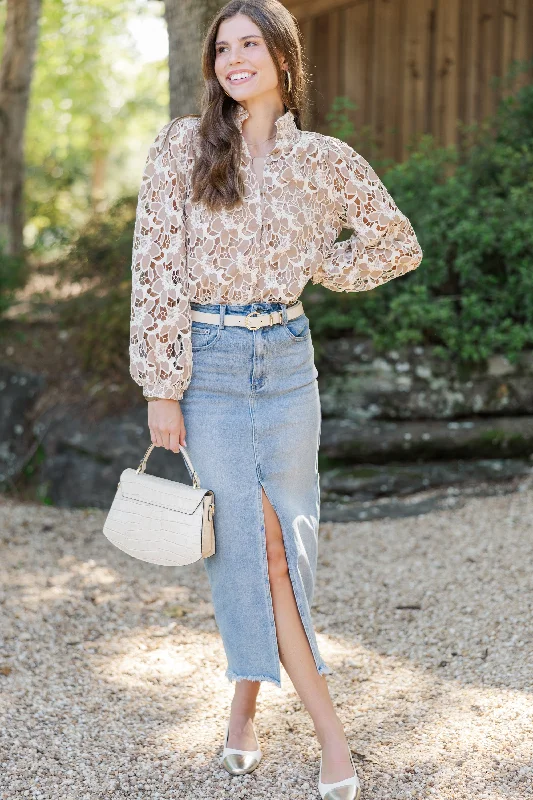 Ready And Radiant Medium Wash Denim Midi Skirt