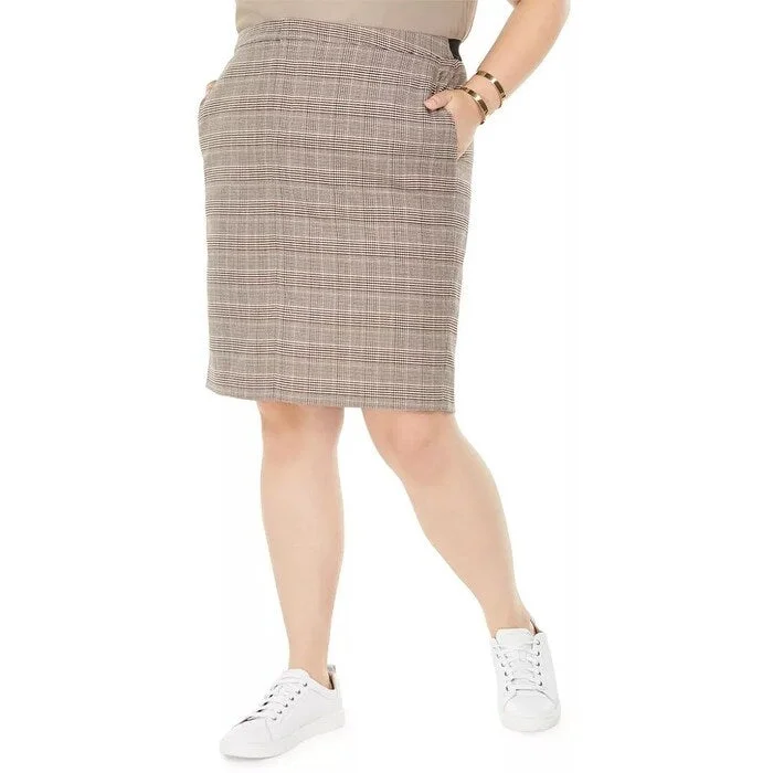 Bar III Women's Zippered Check Knee Length Pencil Skirt Beigekhaki Size Petite Small - Petite Small