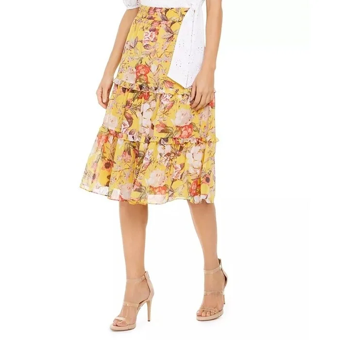 INC International Concepts Women's Floral Below The Knee Skirt Yellow Size Medium